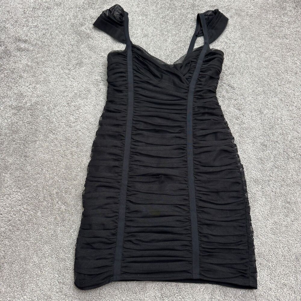 BCBGMaxazria Shirred Tulled Ruched Mesh Bodycon Mini Dress Womens XS Black LBD